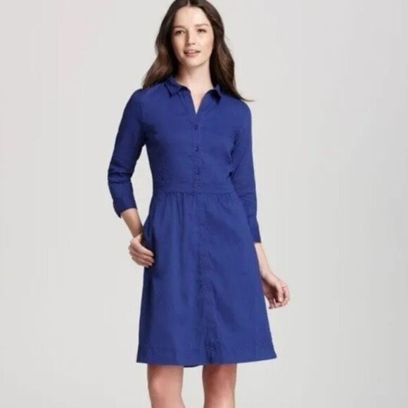 Eileen Fisher Women's Blue Linen 3/4 Sleeve Button Down Collared Dress - Picture 1 of 5